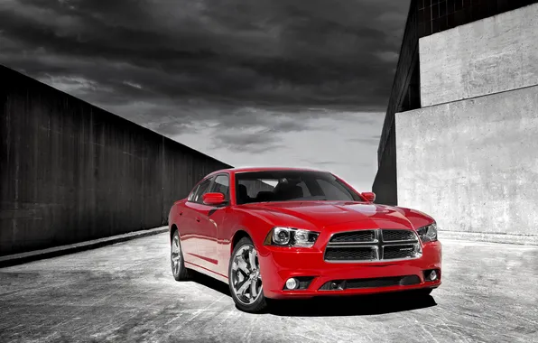 Picture the sky, asphalt, red, clouds, the fence, Dodge, red