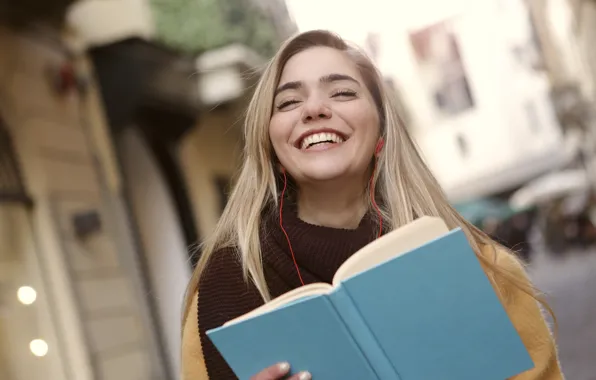 Smile, home, laughter, blonde, book, beauty, good mood, smile