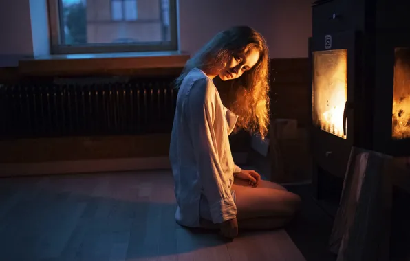 Picture Girl, Look, Fire, Light, Hair, Fireplace