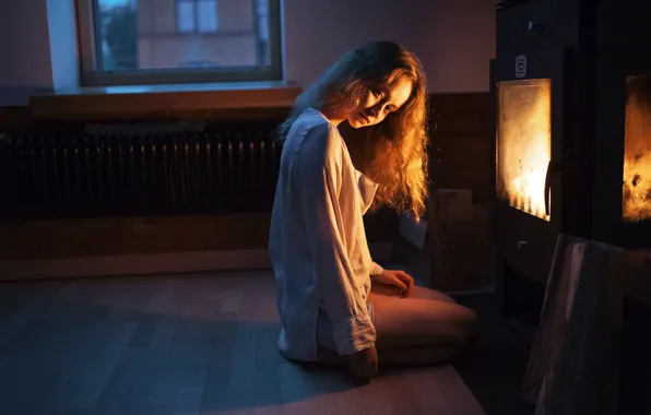 Girl, Look, Fire, Light, Hair, Fireplace