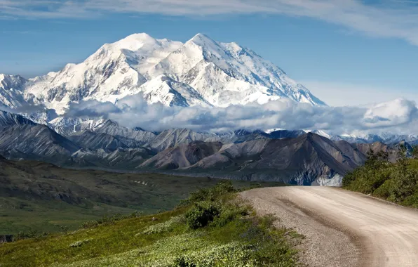 Road, the sky, clouds, mountains, nature, glacier, Sunny