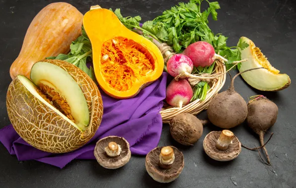 Mushrooms, fabric, pumpkin, vegetables, melon, radishes, melons