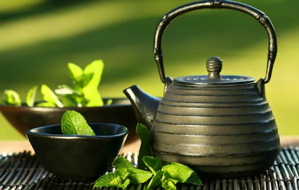 Picture kettle, mint, East tea, cup
