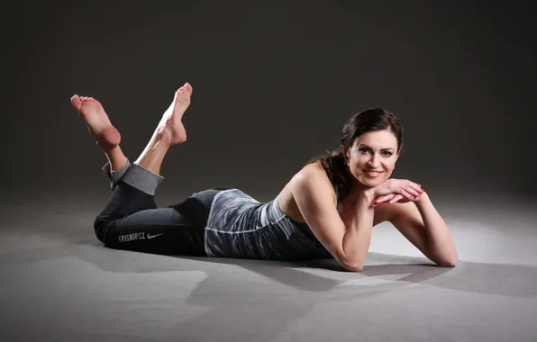 Actress, brunette, beautiful, smiling, heel, sports uniforms, feet, fitness model