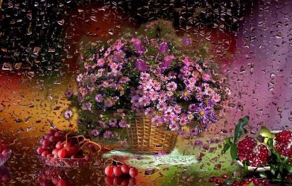 Flowers, rain, grapes, Basket, still life, garnet
