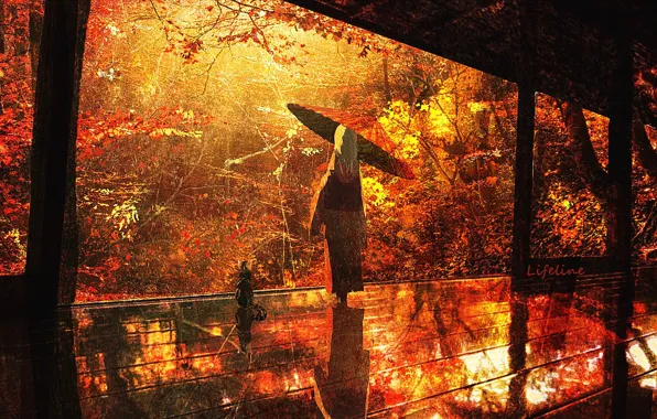 Autumn, girl, umbrella, porch, Lifeline