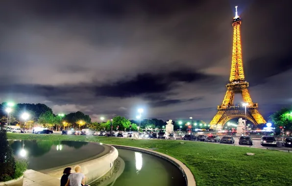 Trees, night, France, Paris, Parking, Eiffel tower