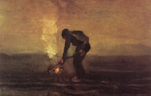 Picture Vincent van Gogh, man and fire, Peasant Burning Weeds