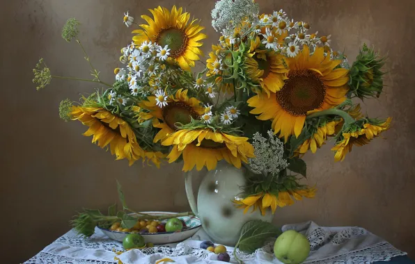 Picture sunflowers, apples, chamomile