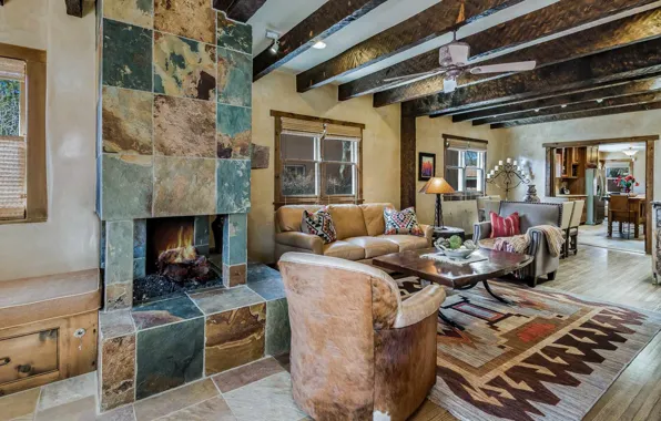 Interior, fireplace, living room, New Mexico, Santa Fe