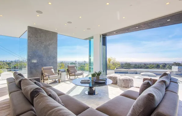 Glass, design, Villa, interior, living room, Brentwood Modern