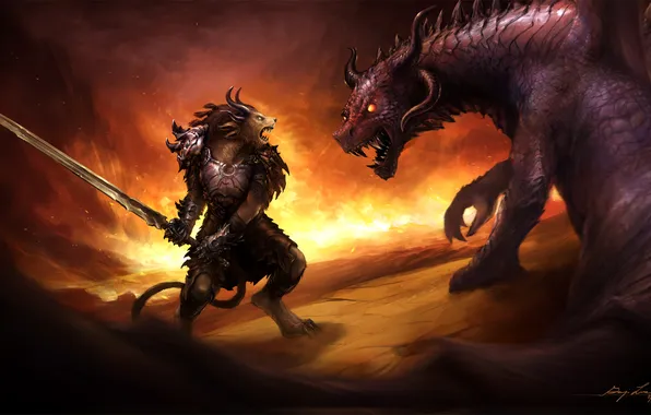 Picture flame, dragon, sword, armor, warrior, fight, Guild Wars, Charr