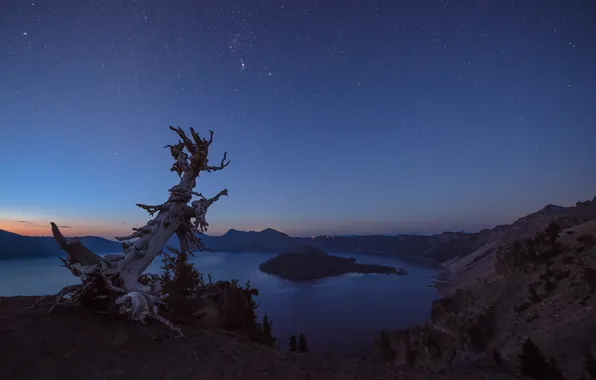 Sunset, nature, lake, mountain, crater, twilight, Oregon, USА