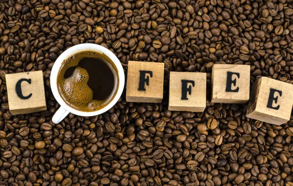 Letters, cubes, black, coffee, mug, Cup, a lot, coffee beans
