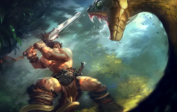 Snake, sword, jungle, huge, fight, Conan the barbarian, two-handed