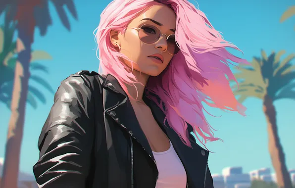 Picture Miami, pink hair, women, sunglasses, Grand Theft Auto, Vice City, leather jacket, looking at viewer