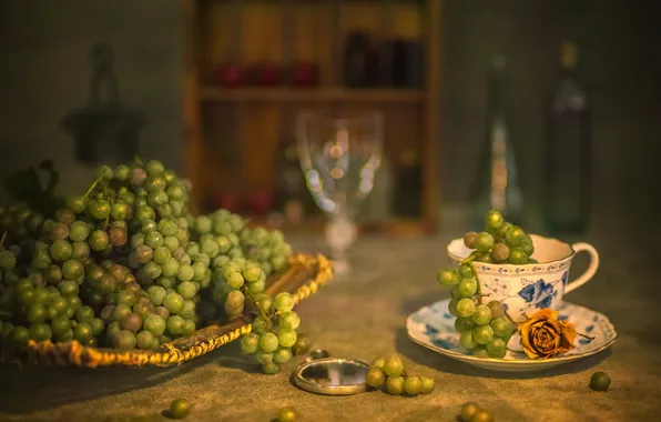 Green, table, glass, rose, grapes, Cup, still life, placer