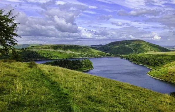 Picture the sky, grass, clouds, mountains, lake
