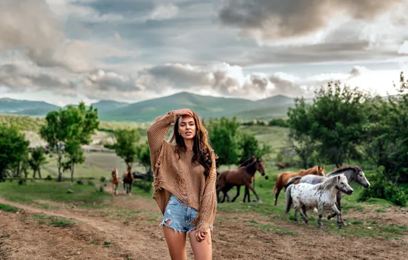 Picture shorts, horses, trees, brunette, sky, hand in head, clouds, animals