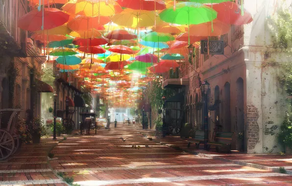 The city, street, umbrellas, Street of Dreams