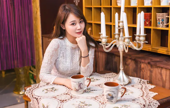 Picture look, girl, table, candles, mugs, Asian, cutie