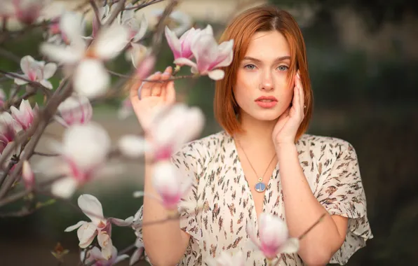 Look, girl, branches, face, hands, red, redhead, flowers