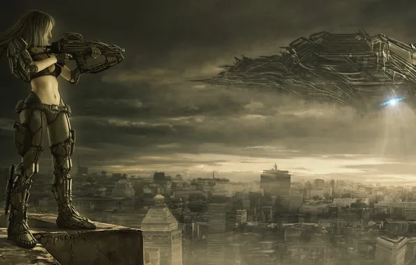 Girl, the city, weapons, view, ship, height, art, July Zartos