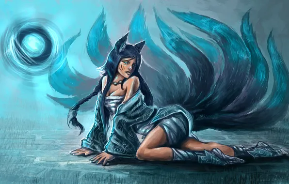 Picture girl, magic, ears, art, Fox, league of legends, tails, ahri