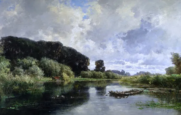 Trees, landscape, birds, nature, river, picture, Carlos de Haes, The Surroundings Of Friesland