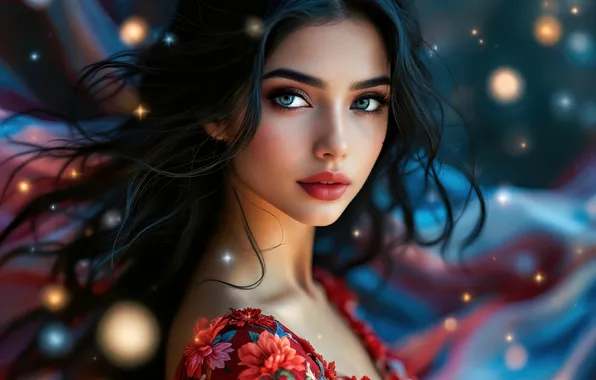 Look, girl, lights, portrait, brunette, fantasy, in red, bokeh