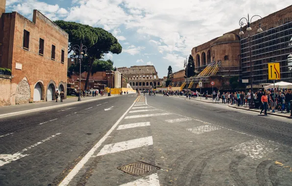 Road, clouds, people, street, building, home, Rome, Europe