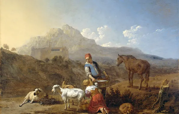 Mountains, picture, genre, Karel Dujardin, Italian Landscape with Girl Milking a Goat