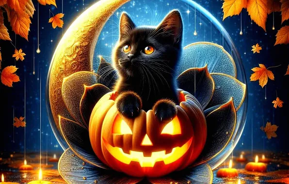 Autumn, cat, look, water, night, lights, pose, reflection