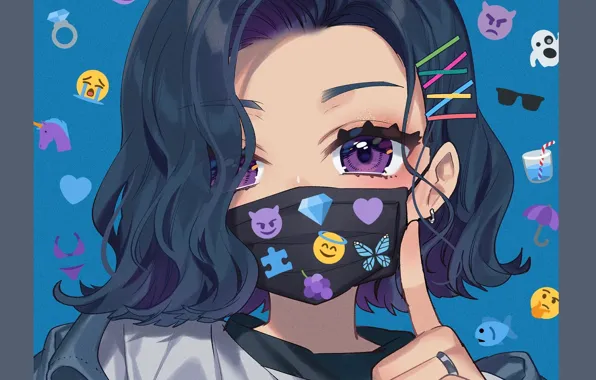 Face, brunette, blue background, stickers, emoticons, clips, portrait of a girl, thumbs up