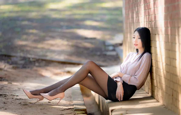 Picture the sun, pose, model, skirt, portrait, brick, makeup, figure