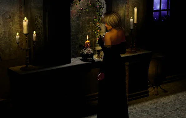 Picture girl, flowers, night, Gothic, skull, stars, candles, window