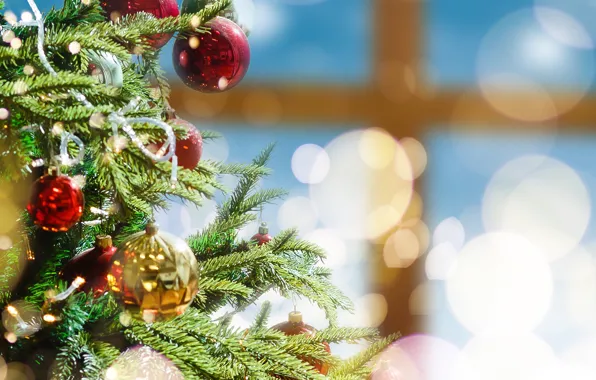 Picture balls, branches, glare, Shine, new year, window, Christmas, needles