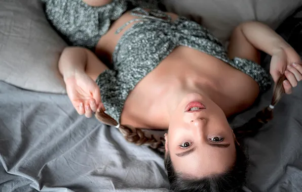 Girl, shorts, brown eyes, model, brunette, bed, top, braids