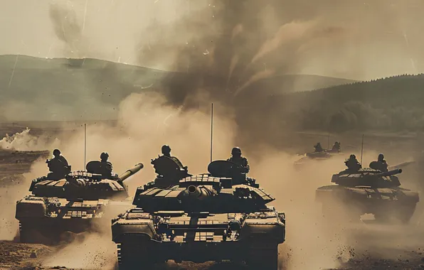 Dust, Smoke, Retro, Tanks, Digital art, Black and white, Column, AI art