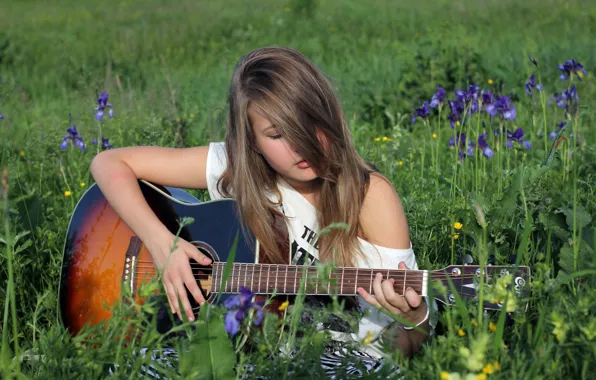 Picture GIRL, NATURE, GRASS, GREENS, GUITAR, GLADE, GREEN, GRIF