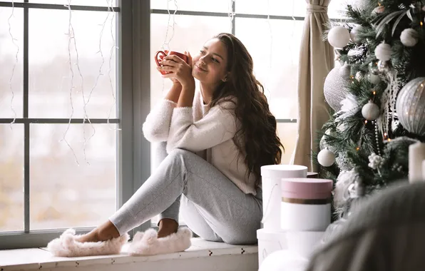 Girl, christmas, box, beautiful, cup, comfort, bed, drink