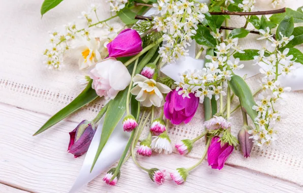Flowers, bouquet, spring, colorful, tulips, buds, wood, pink