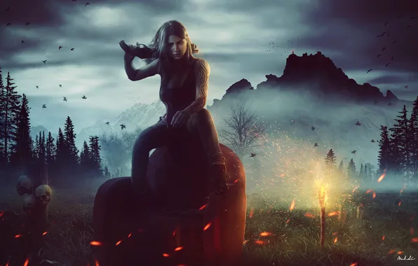 Forest, the sky, grass, girl, clouds, trees, landscape, mountains