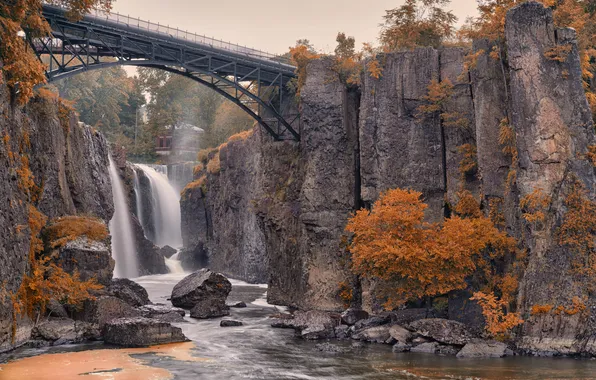 Autumn, bridge, river, stones, rocks, for, waterfall, stream