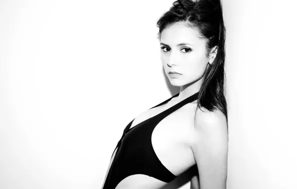 Look, actress, black and white, Nina Dobrev, Nina Dobrev