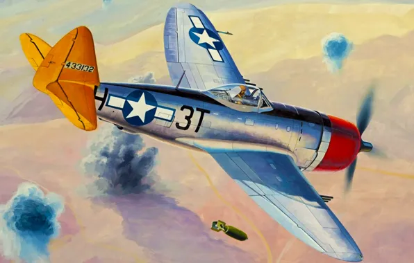 Picture war, art, airplane, painting, aviation, ww2, Republic P-47 Thunderbolt