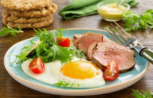 Picture greens, plate, meat, plug, scrambled eggs, tomato, ham, mustard