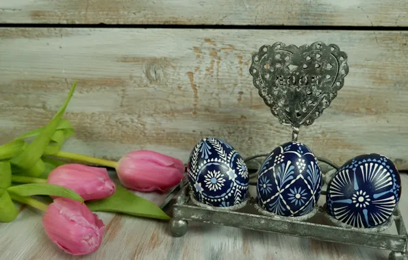 Flowers, holiday, eggs, Easter, tulips, heart