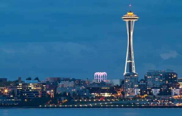 City, the city, lights, lights, the evening, Bay, Washington, Seattle