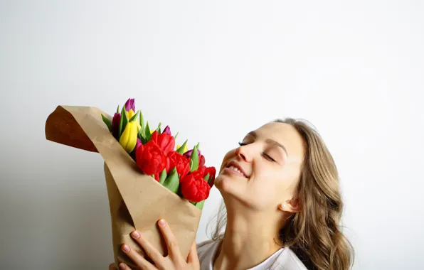 Girl, flowers, bouquet, yellow, package, purple, tulips, red